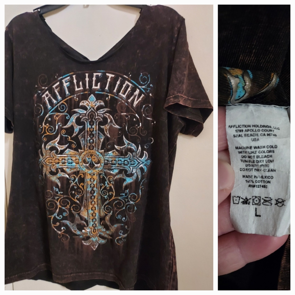 Affliction Dark Brown Tee with Blue and Gold Cross Design